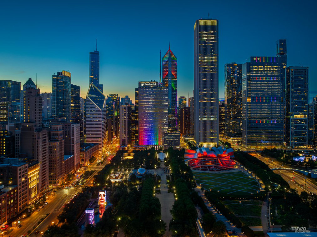 Chicago's commercial district illuminated at night