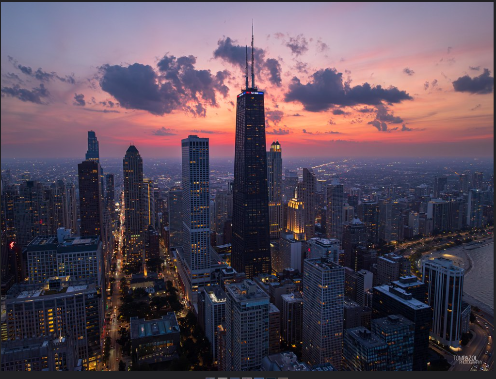Chicago commercial skyline at sunset