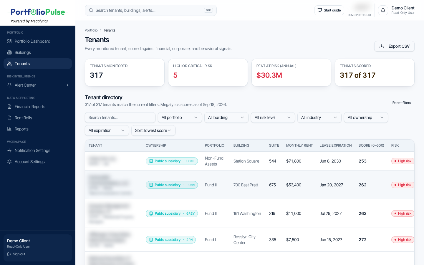 PortfolioPulse tenant directory with risk scores and portfolio filters