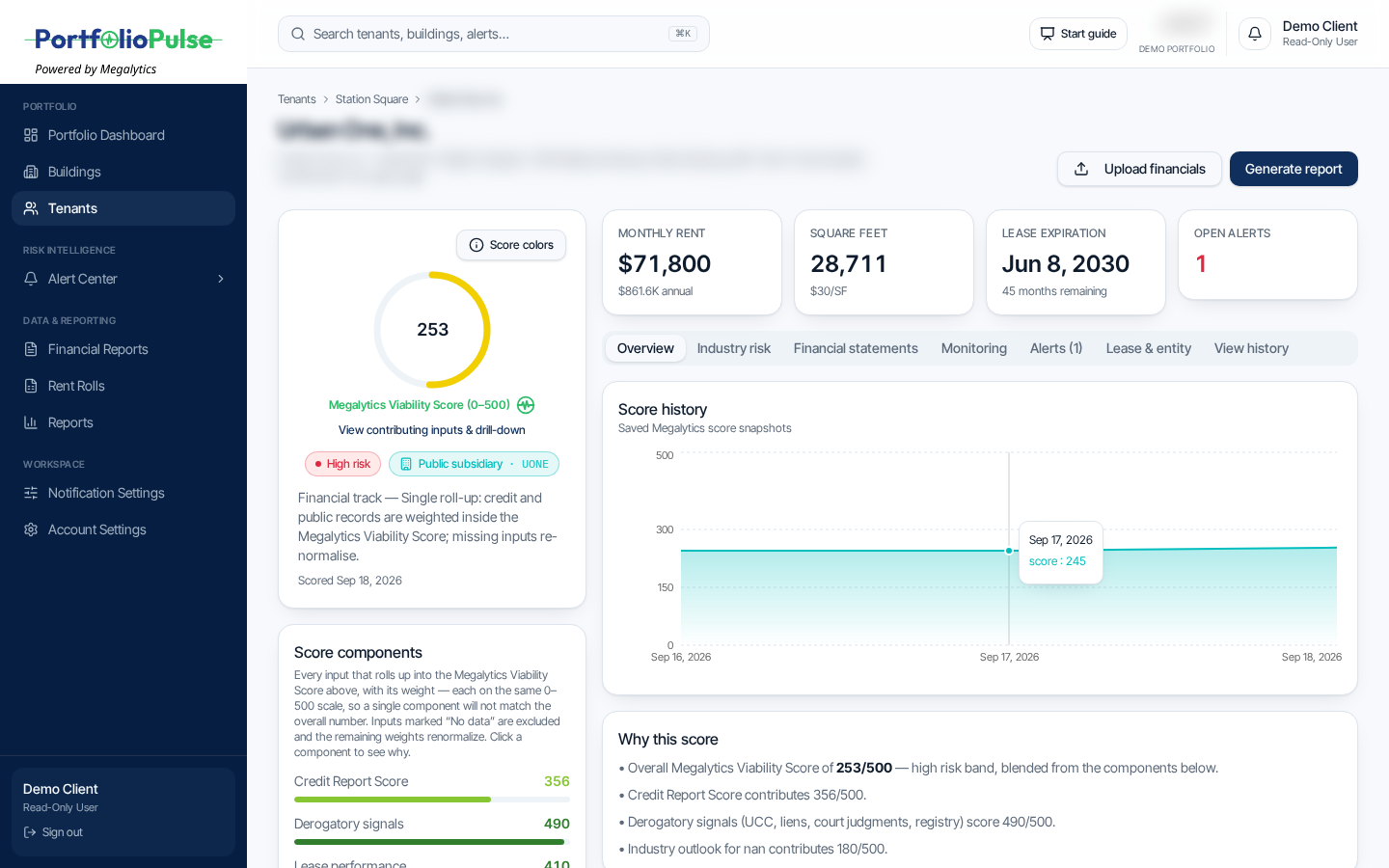 PortfolioPulse tenant profile with viability score, lease details, and score history