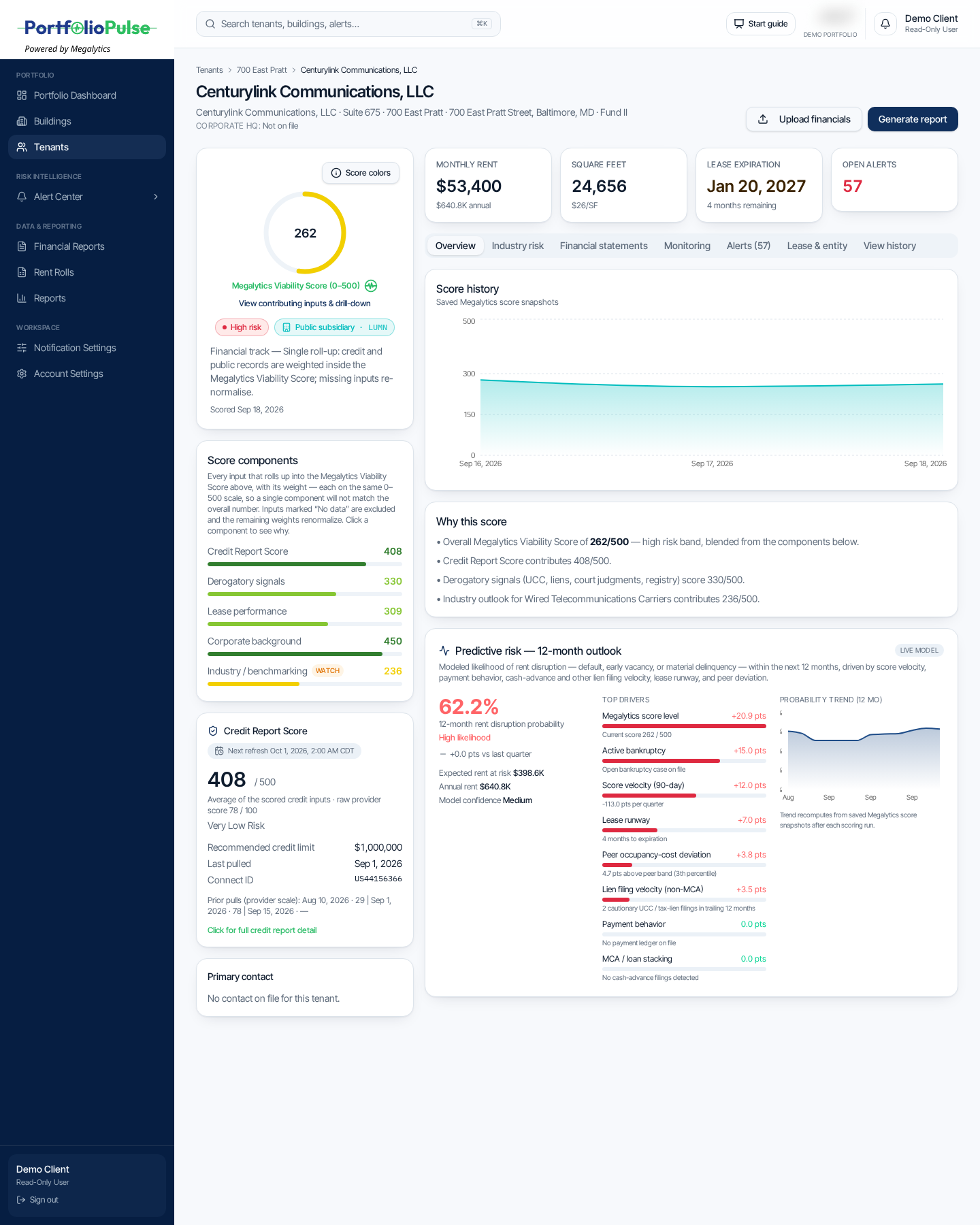 PortfolioPulse predictive risk model showing bankruptcy likelihood and contributing drivers